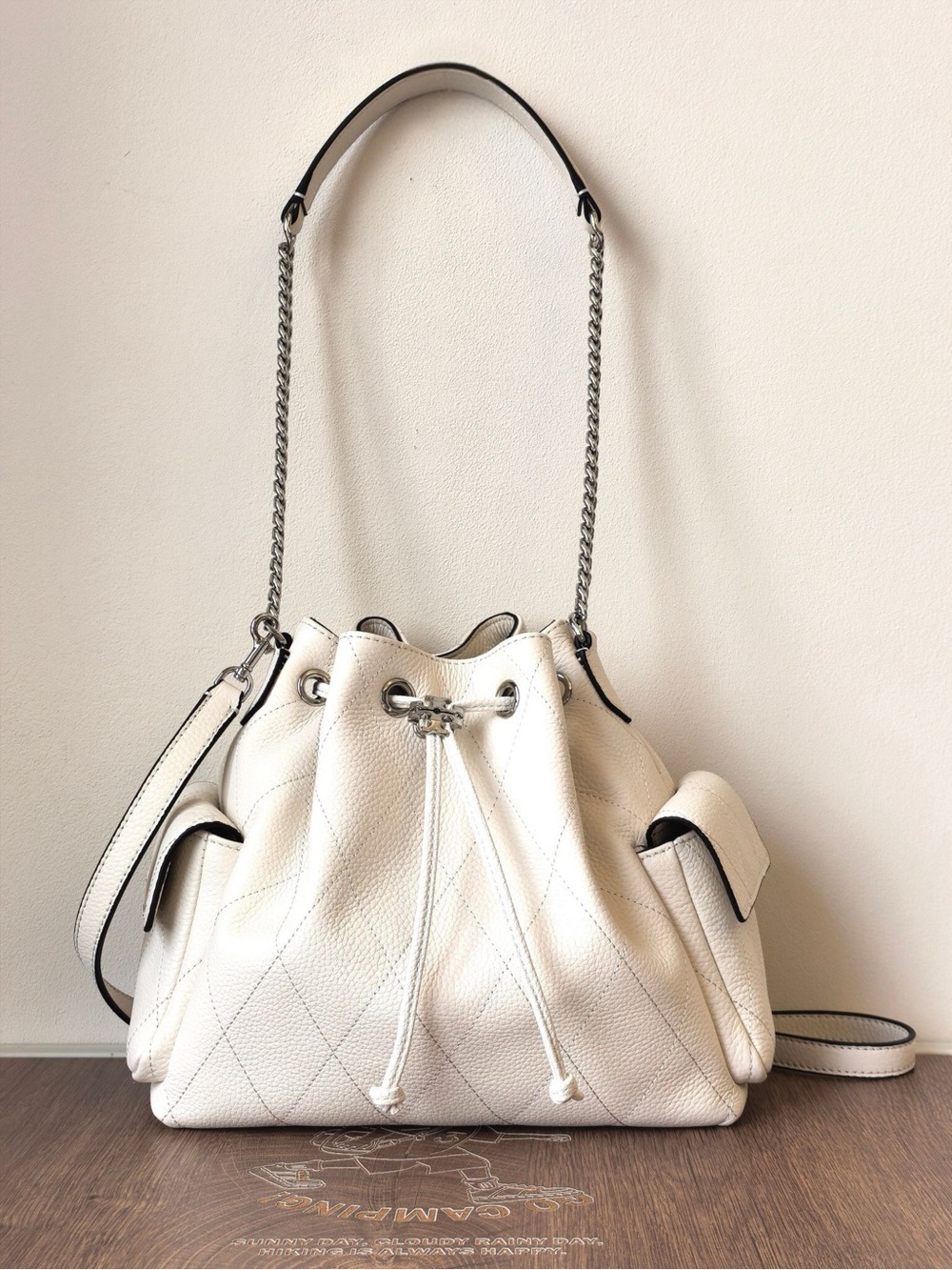 Tory Burch White Quilted Leather Drawstring Bucket Bag with Chain Strap